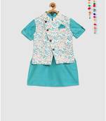 bright blue kurta with floral block print print jacket