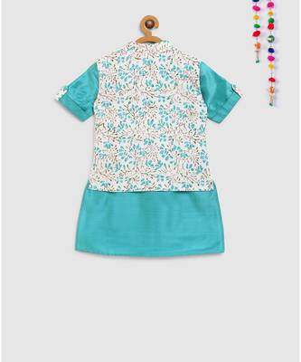 bright blue kurta with floral block print print jacket 2