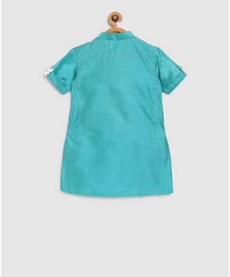 bright blue kurta with floral block print print jacket 4