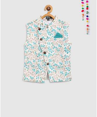 bright blue kurta with floral block print print jacket 5