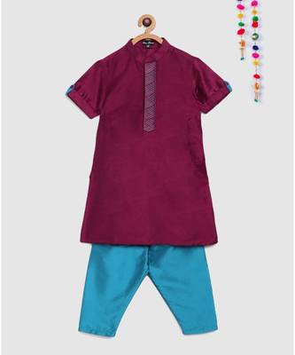 purple kurta with embroidered panel and contrast blue pajama 1