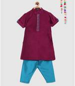 purple kurta with embroidered panel and contrast blue pajama