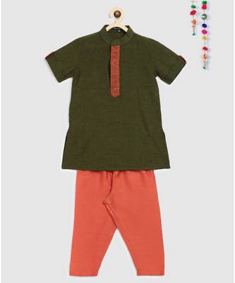 green mangalgiri cotton kurta with embroidered panel and contrast orange pajama 1