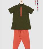 green mangalgiri cotton kurta with embroidered panel and contrast orange pajama