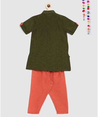 green mangalgiri cotton kurta with embroidered panel and contrast orange pajama 2