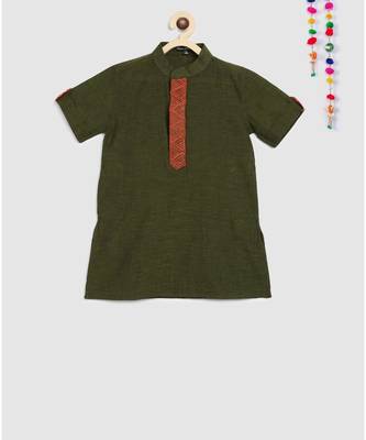 green mangalgiri cotton kurta with embroidered panel and contrast orange pajama 3