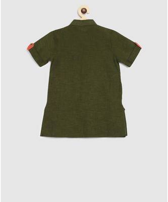 green mangalgiri cotton kurta with embroidered panel and contrast orange pajama 4