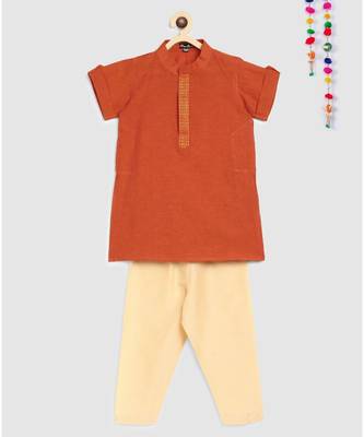 orange mangalgiri cotton kurta with embroidered panel and contrast beige pajama 1