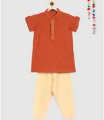 orange mangalgiri cotton kurta with embroidered panel and contrast beige pajama