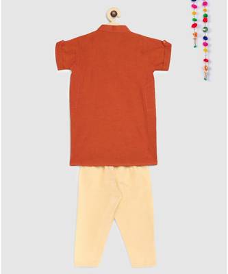 orange mangalgiri cotton kurta with embroidered panel and contrast beige pajama 2