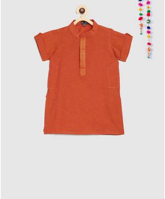 orange mangalgiri cotton kurta with embroidered panel and contrast beige pajama 3