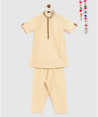 beige kurta with embroidery panel on collar and double colored panel on front, and pajama 1