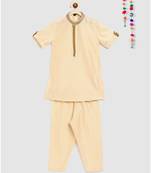 beige kurta with embroidery panel on collar and double colored panel on front, and pajama