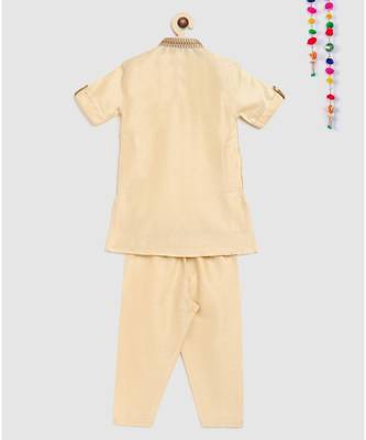 beige kurta with embroidery panel on collar and double colored panel on front, and pajama 2