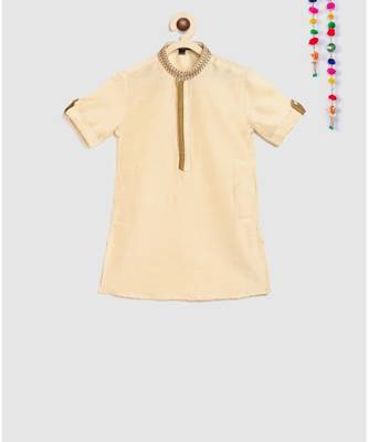 beige kurta with embroidery panel on collar and double colored panel on front, and pajama 3