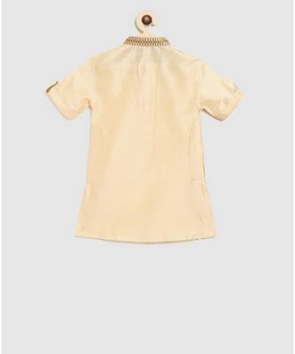 beige kurta with embroidery panel on collar and double colored panel on front, and pajama 4