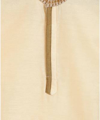 beige kurta with embroidery panel on collar and double colored panel on front, and pajama 7