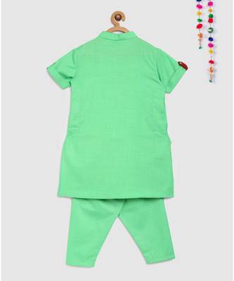 pista green matka cotton kurta with embroidered panel and green pajama 2