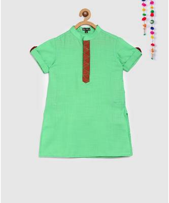 pista green matka cotton kurta with embroidered panel and green pajama 3