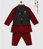 full sleeves kurta and pajama- maroon, with black tussar silk jacket with brooch