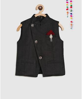full sleeves kurta and pajama- maroon, with black tussar silk jacket with brooch 5