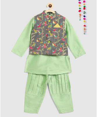 green kurta, green jodhpuri pajama with contrast grey bird print jacket 1