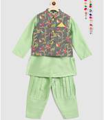 green kurta, green jodhpuri pajama with contrast grey bird print jacket