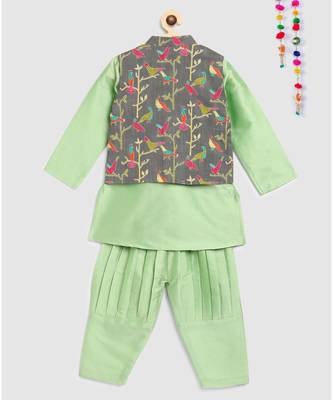 green kurta, green jodhpuri pajama with contrast grey bird print jacket 2