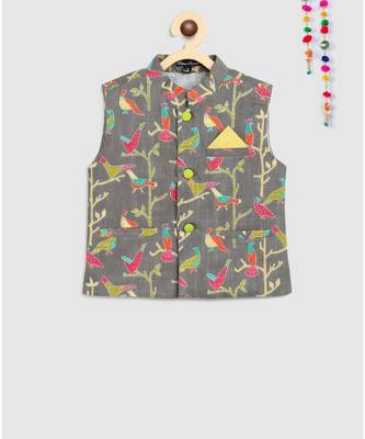green kurta, green jodhpuri pajama with contrast grey bird print jacket 3