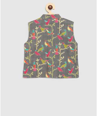 green kurta, green jodhpuri pajama with contrast grey bird print jacket 4