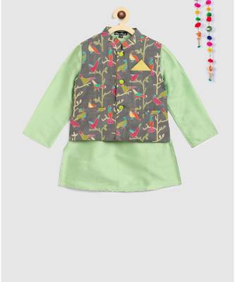 green kurta, green jodhpuri pajama with contrast grey bird print jacket 7