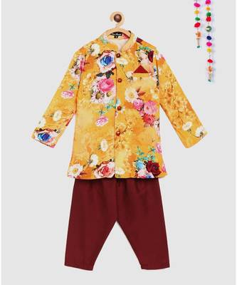 yellow floral digital printed velvet sherwani with contrast maroon pajama 1