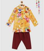 yellow floral digital printed velvet sherwani with contrast maroon pajama