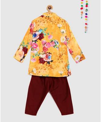 yellow floral digital printed velvet sherwani with contrast maroon pajama 2