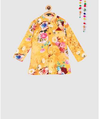 yellow floral digital printed velvet sherwani with contrast maroon pajama 3