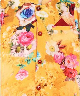 yellow floral digital printed velvet sherwani with contrast maroon pajama 7