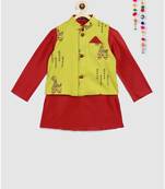 red full sleeves kurta with lime green camel, block print jacket