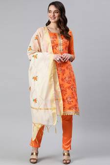Orange Printed Silk Blend Salwar