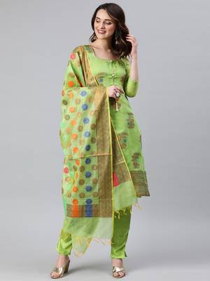 Parrot-Green Weaved Banarasi Silk Salwar 1