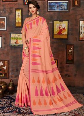 Orange printed cotton saree with blouse 1