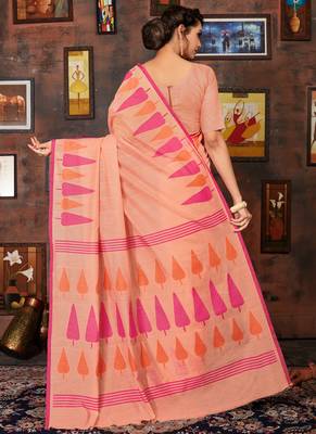 Orange printed cotton saree with blouse 2