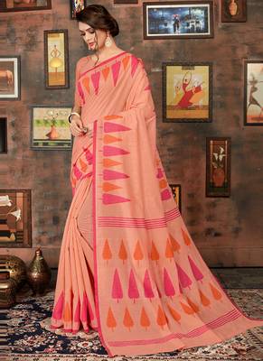 Orange printed cotton saree with blouse 3