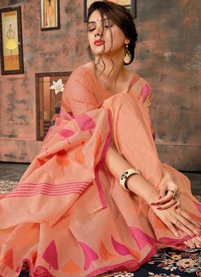 Orange printed cotton saree with blouse 4