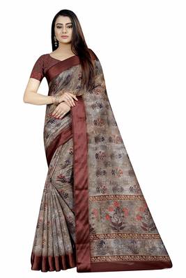 Brown printed satin saree with blouse 1