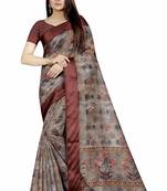 Brown printed satin saree with blouse