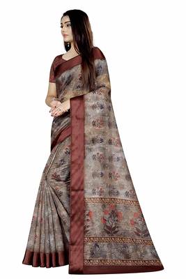 Brown printed satin saree with blouse 2