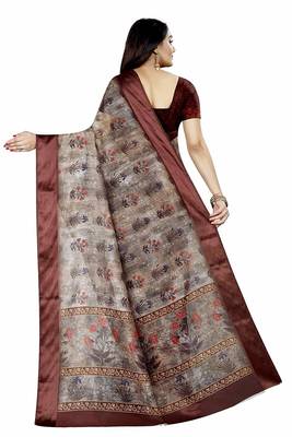 Brown printed satin saree with blouse 3