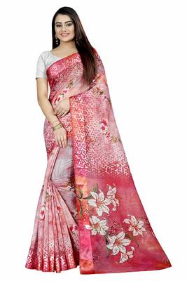 Pink printed satin saree with blouse 1