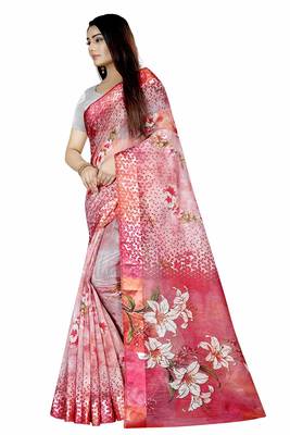 Pink printed satin saree with blouse 2