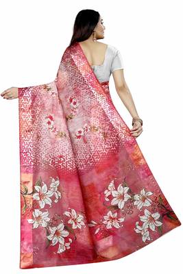 Pink printed satin saree with blouse 3